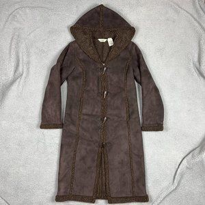 LL Bean Faux Shearling Coat Womens XS Extra Small Brown Toggle Suede Sherpa Long